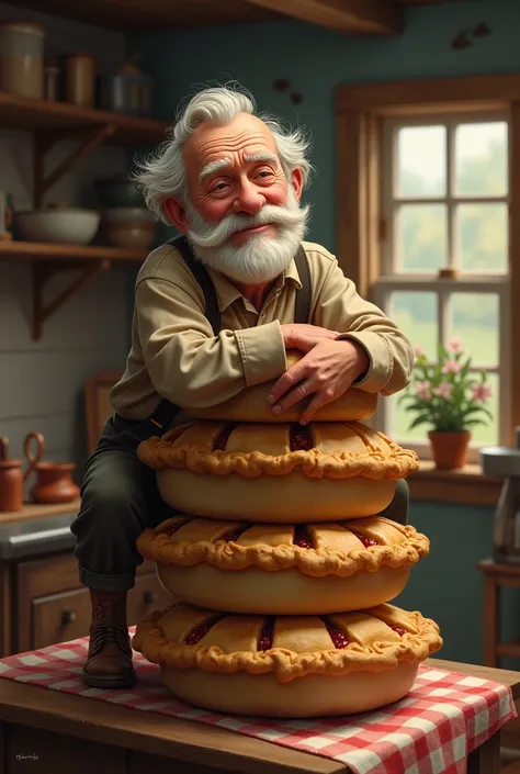 An old man rest on four pies in house