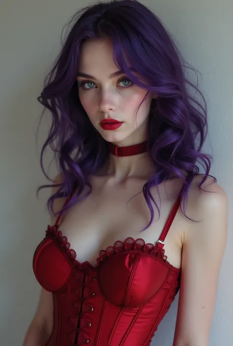 Girl with dark purple hair in red corset 