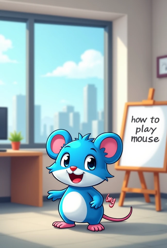 Illustration of a cartoon mouse character in an office setting with the letters "gm" in the background. the character is a blue and white mouse with a big smile on its face. it is standing in front of a large window with a view of a city skyline. on the ri...