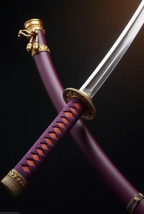 Create a katana that is beautiful both in its handle and in its edge ,  that has small jewelry pendants at the end of the handle and that its colors are gold, purple and black 