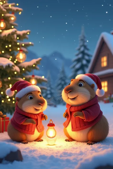 Christmas background with Pixar style and capybaras