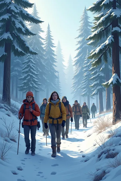 5 women 4 men snow forest walking 