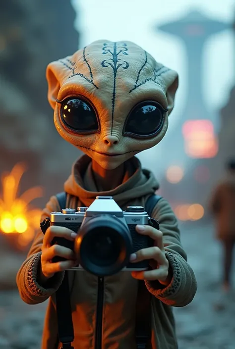 "A selfie moment captured by an alien, featuring a humanoid extraterrestrial with glowing skin, large black eyes, and intricate markings on their face. The alien is holding a futuristic, advanced camera device, with the camera visible in the shot. The back...