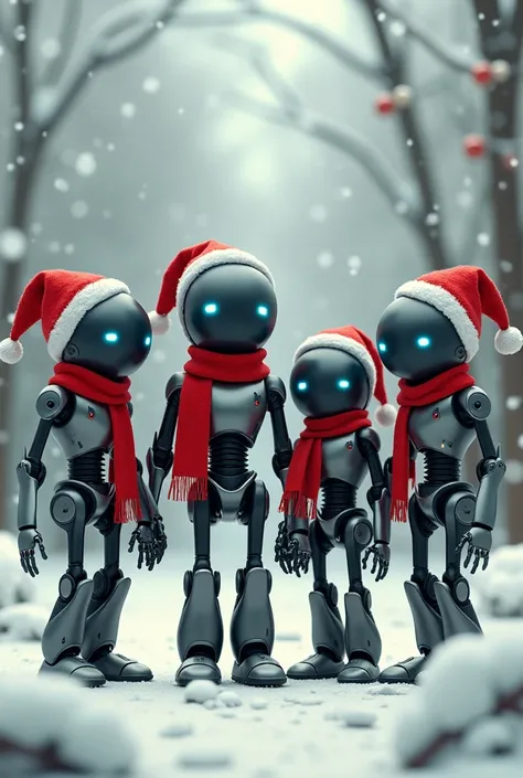 Three male robots and one heavy female robot, wearing Christmas hats and scarfs, singing Christmas carols in the snow.