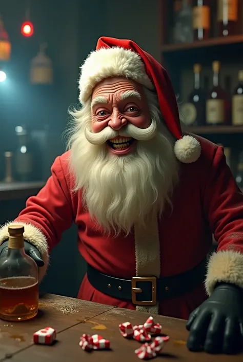 Create an image of a drunk Santa Claus with a broken front tooth