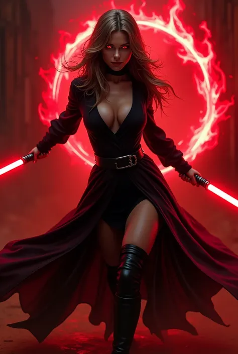 A nude sith woman flupping her saber in the air grinning