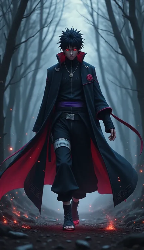 "Create a highly detailed and epic illustration of Sasuke Uchiha walking forward with an intense and confident expression. One of his eyes glows red with the Sharingan, while the other radiates the power of the Rinnegan in purple, emphasizing his dual abil...