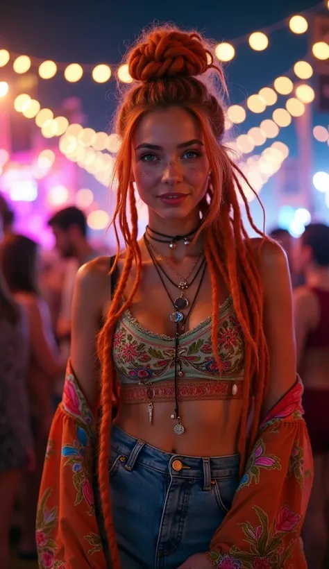 "Depict a young bohemian woman standing in the middle of a lively music festival at night, surrounded by glowing string lights and a colorful crowd. Her fiery orange dreadlocks are styled in a half-up bun with loose strands flowing freely, decorated with g...