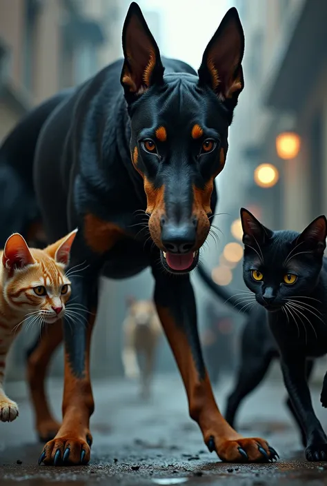 The police Doberman in an intense exchange of torments against Bandit Cats 