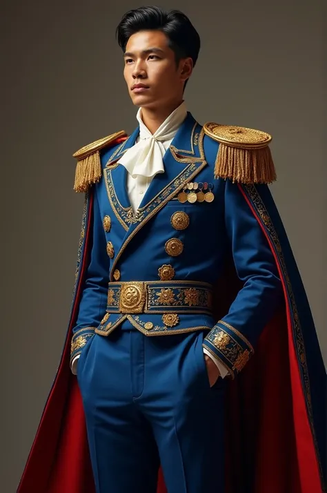  Twenty year old emperor with black hair,  tanned skin, king blue suit with gold details 
