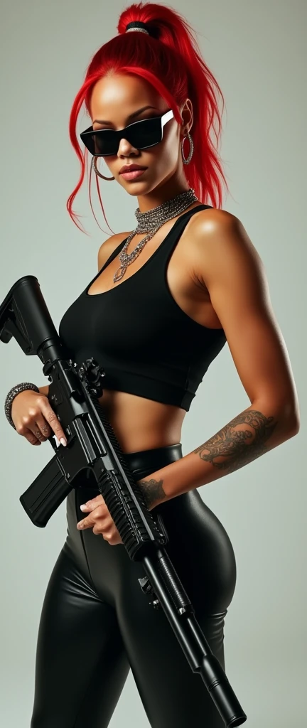 Rihanna red-haired girl with her hair tied up in a black sports top with leather pants wearing sunglasses with a rifle 