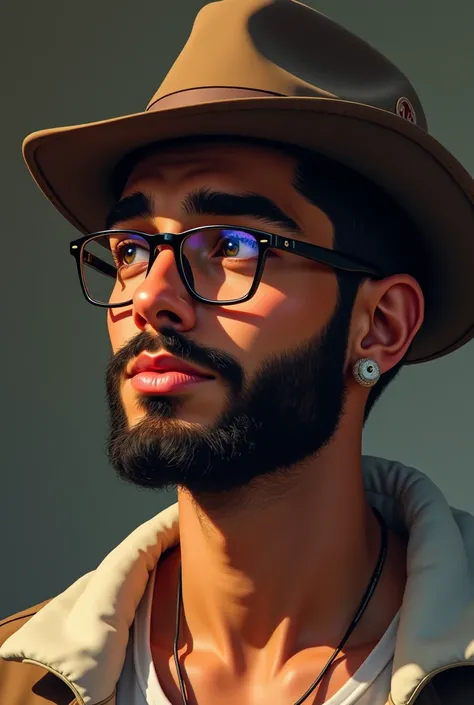  Make a person named Josué ,  who has tan skin ,  have a beard and wear glasses and a hat, who is 19 years old  