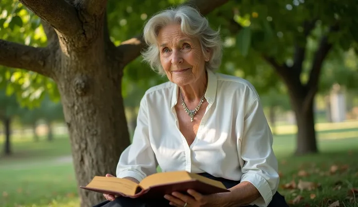 A photo of a realistic elderly lady with a soft face under a fig tree reading the Bible with a Mulher loira.  Wear a white blouse with a neckline but not very tight . No wrinkles on her face .  She wears a small silver necklace .  Her hair is straight and ...