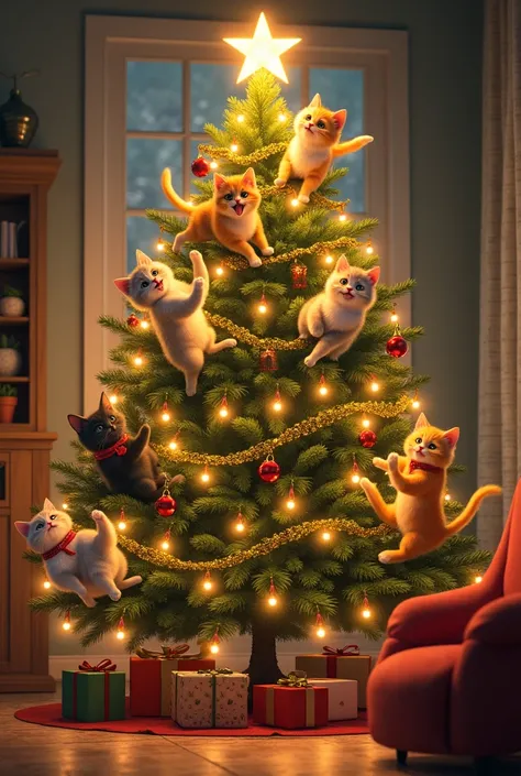 Please create a Christmas tree with cats and lots of light and glare.