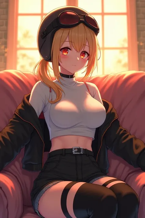 red thigh strap, black thighhighs, black skirt, belt, midriff, cleavage, turtleneck, black tube top, fingerless gloves, long sleeves, cropped jacket, black jacket, eyewear on head, hair ornament, two side up, short hair, blonde hair, orange eyes, burnice, ...