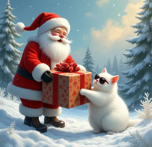 Santa is handing a huge present to a fat white cat wearing sunglasses in a sparkling snowy landscape