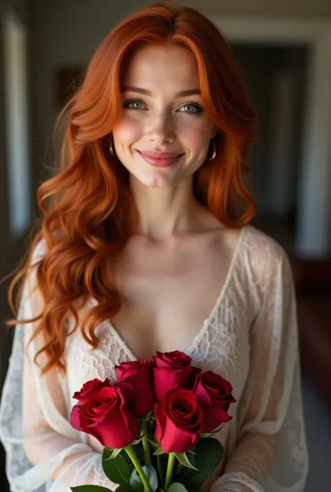 the most beautiful red haired girl, big breasts, holding  roses ,smiles, at home