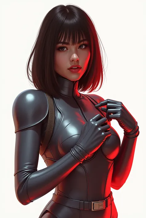 Best Quality, acrylic illustration art, Beautiful space Woman,Suspicious expression face, shy smile, brown straight hair, looking in side view at Viewer, plastic soft glossy unfolded all nude armor, glossy gloves, adjusting a militar belt with hands, drama...