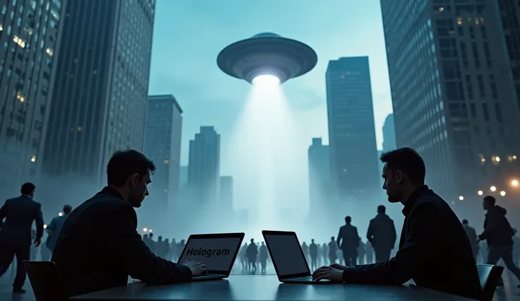 Two impassive Men in Black projecting a small UFO hologram in the sky, high above the skyscrapers. People are running away in fear, fleeing the scene. On the side of the image, a Man in Black is sitting with a laptop that displays the word "Hologram."