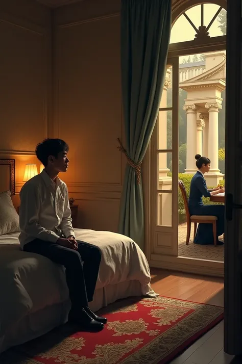 An illustration of a luxurious mansion surrounded by a well-manicured garden, contrasting with the tense atmosphere inside. In the foreground, a 19-year-old young man sits alone on the edge of a bed in a modest guest room, looking down with a conflicted an...