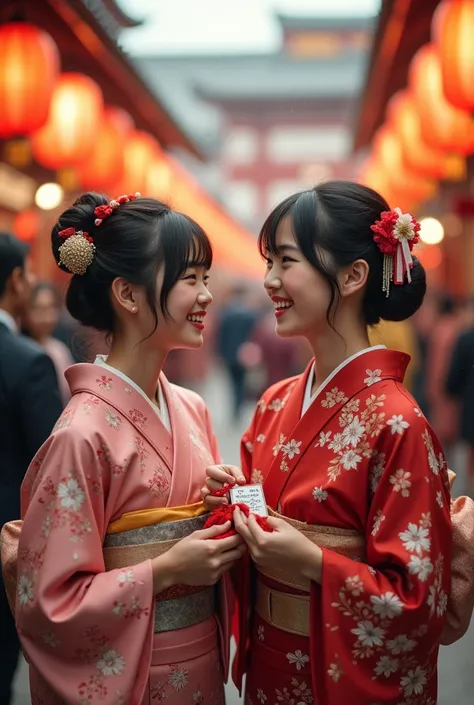  top quality 、 high res、( high image quality:1.2)、masterpiece、 detailed background、Realistic、 RAW photos 、 A beautiful scene like a scene from a movie 、
(Scene of two girls in kimonos laughing happily at a New Years shrine:1.5)、
 wears a gorgeous tradition...