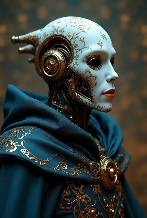 A highly detailed, intricate fantasy portrait of a robot wizard wearing a porcelain mask, cloak on back, (best quality,4k,8k,highres,masterpiece:1.2),ultra-detailed,(realistic,photorealistic,photo-realistic:1.37),atmospheric lighting, dramatic lighting, ci...