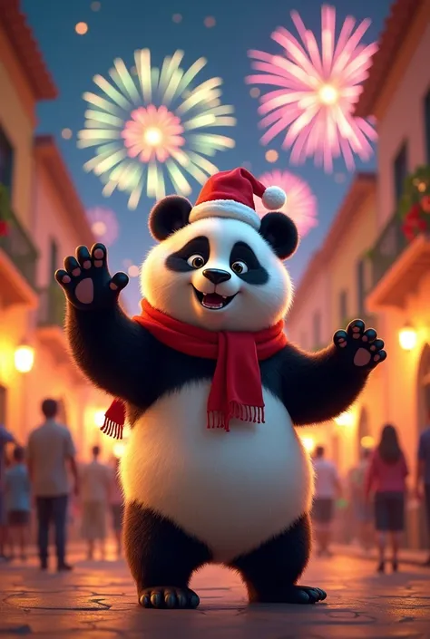 Animated panda celebrating Christmas with fireworks in Guatemala
