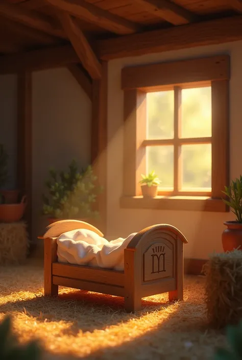 Visual context: Simple crib in a stable,  illuminated with warm light .