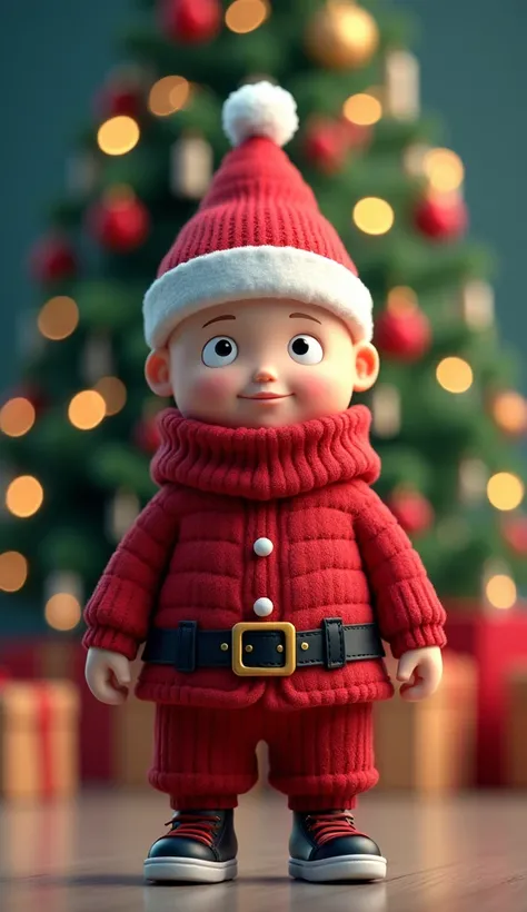  Saitama with Christmas clothes, Christmas tree background image,  3d cartoon style image 