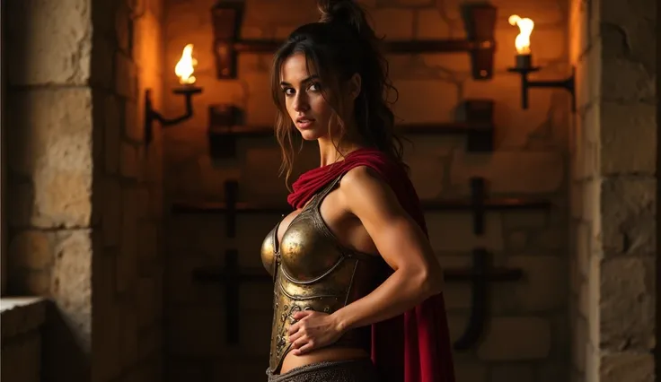 Inside a dimly lit preparation chamber, the female gladiator adjusts her bronze chest plate, her toned arms flexing with each movement. Her crimson cape drapes over one shoulder, and her hair is tied back tightly, revealing her sharp, determined features. ...