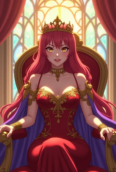 A woman with pretty body, red long hair, honey eyes and a pale skin. Shes using a golden crown. Shes wearing a fancy red dress with golden details, with golden should pads and a purple cape. Shes sitting in a golden throne and theres a large colorful windo...