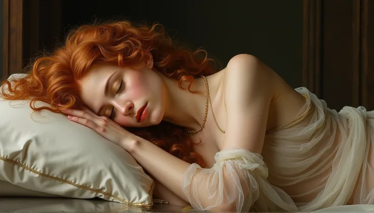  Create a masterpiece in Raphaels style, showing a beautiful and ethereal woman inspired by Greek mythology .  She has long curly red hair and is decorated with delicate gold jewelry that evokes the divine beauty of the goddess .  Her sleeping style is roy...