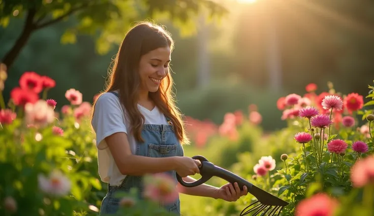  A vibrant outdoor scene of a person gardening, with bright, colorful lighting, a lush garden with flowers in the background, and a sense of contentment, in a hyper-realistic, cinematic style.