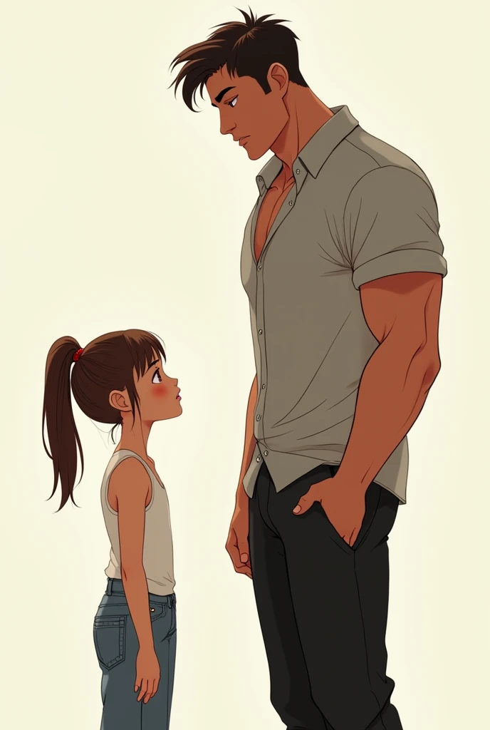 An innocent and cute girl wearing a white tank top and baggy jeans, with straight brown hair tied up on top, facing a tall, athletic boy in a manly shirt and black pants with a nervous expression.