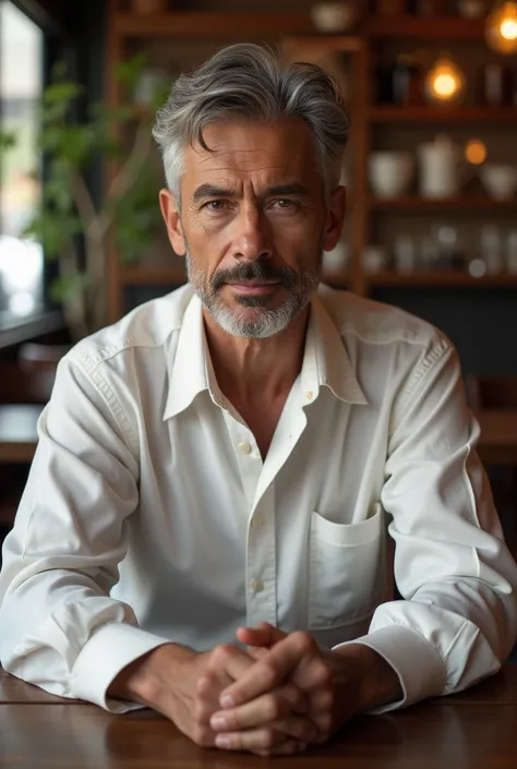 "A dignified and composed man sitting in a traditional café, as if he holds countless stories to tell. His white shirt and piercing gaze reflect a sense of authenticity and life experience."

