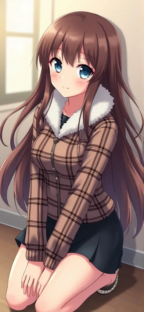 Furrun plaid shirt ,black short skirt, brown long hair , Japanese anime women,Kneeling, with a shy expression , blue eyes