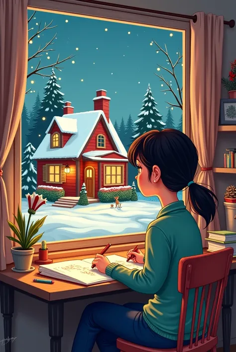 Make more cartoonish art of a woman studying at home with pencils on paper and outside the Christmas-themed house, focusing on the Christmas-themed outside 