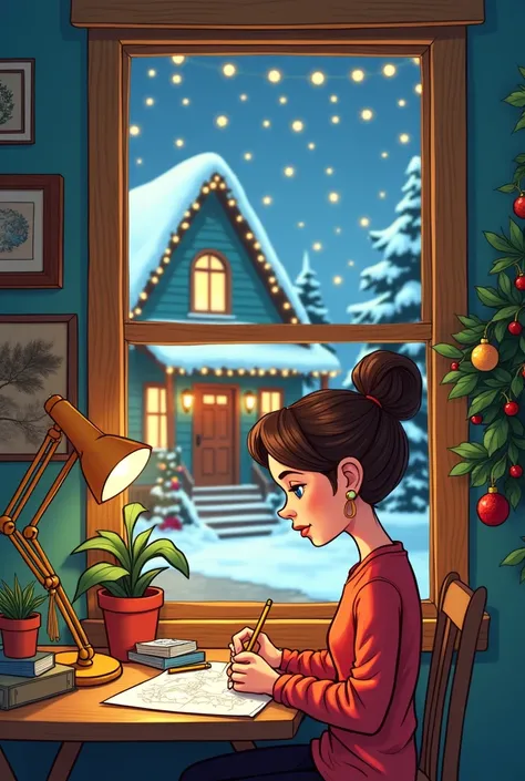 Make more cartoonish art of a woman studying at home with pencils on paper and outside the Christmas-themed house, focusing on the Christmas-themed outside 