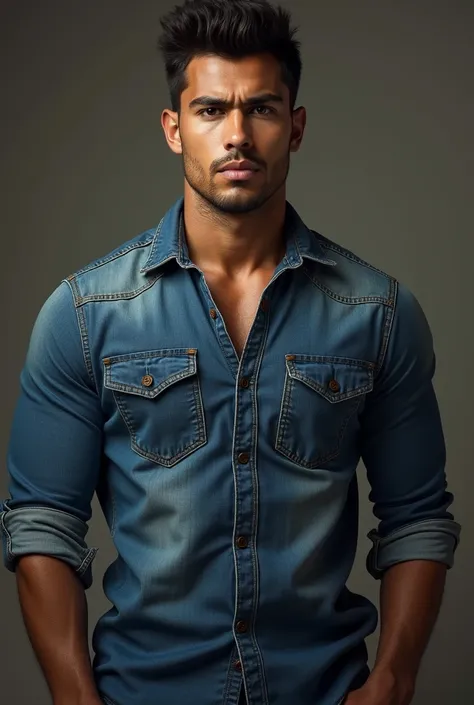 A young and handsome Mexican man, tall and stocky denim dress shirt 