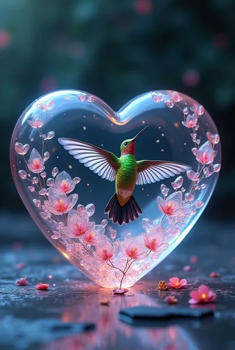 3d text
 "PEREZ MARCA" And a hummingbird inside a heart-shaped crystal