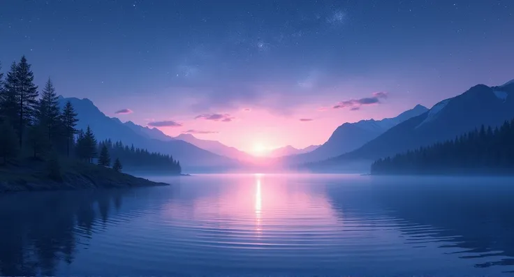  A tranquil and immersive panorama ,  with a starry sky at dusk in shades of deep blue and soft lilac , reflecting on a calm lake .  Natural elements such as mountains in the background ,  delicate trees and a subtle glow on the horizon create a sense of s...