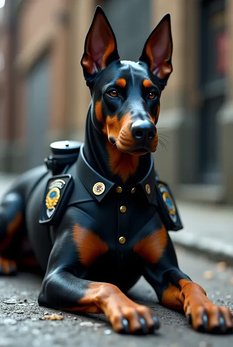 Doberman policeman in uniform lying on the ground 