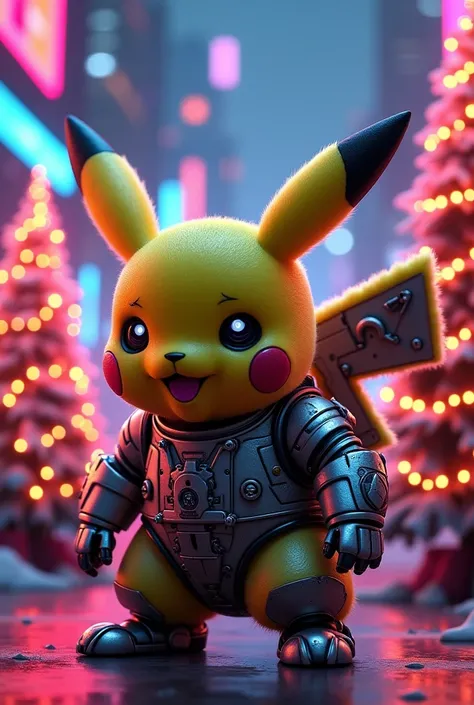 Brutal cyborg Pikachu in neon punk style meanwhile christmas trees