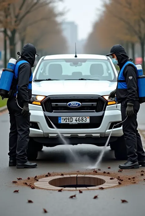 Lets have a white Ford Ranger, 2024 model, on a street, and have two disinfection personnel next to the car. Let one of the personnel spray cockroaches in the manhole with a spraying machine on his back. The personnel should wear black trousers and a blue ...