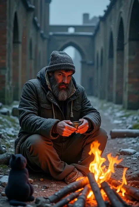 A survivor bearded mountain man with sits huddled by a flickering campfire in the ruins of a once-grand cathedral. Snowflakes gently fall around him as he warms his hands over the flames. A tattered black cat toy rests next to him. The man reheat a rusty t...