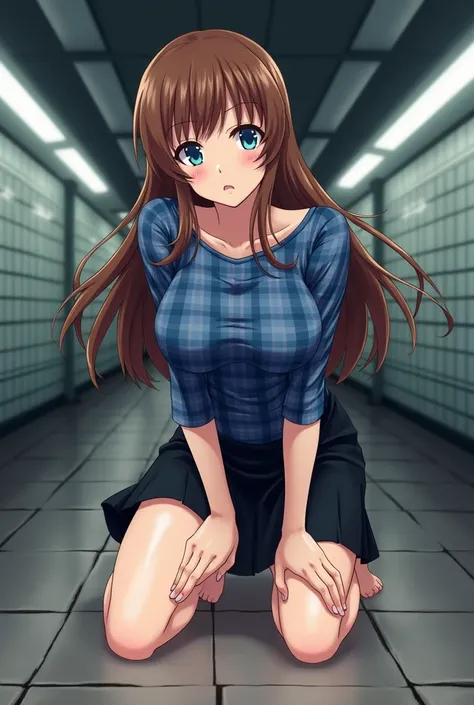 subway station background, brown long hair ,black skirt,Blue plaid top , Japanese anime women, blue eyes,Kneeling, pointing the ground with both hands , My chest is very big,Breasts slightly visible