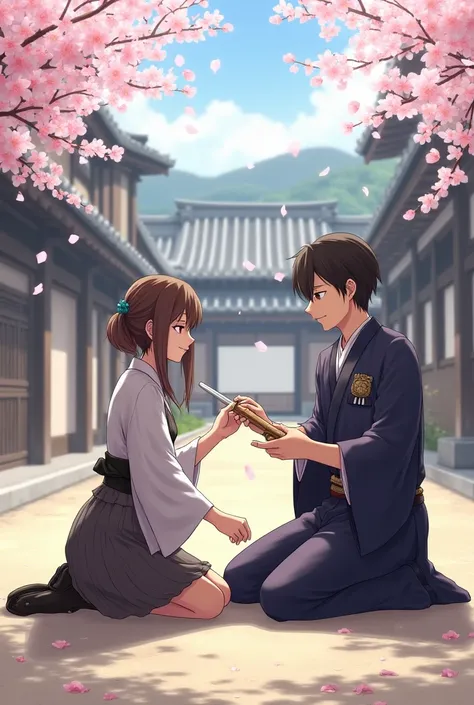 "Okita Souji in a light-hearted moment, kneeling on the ground while playing with ren near a traditional Japanese dojo. He is smiling warmly, holding a wooden training sword, with cherry blossoms falling around them."