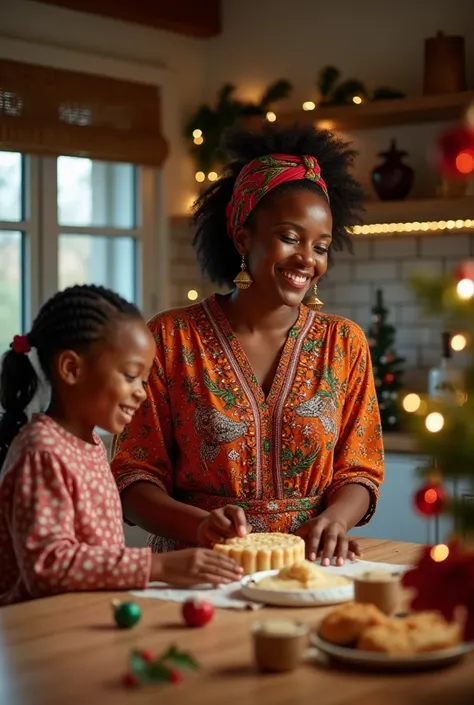 christmas s and father christmas advert photo with african mum in kichen