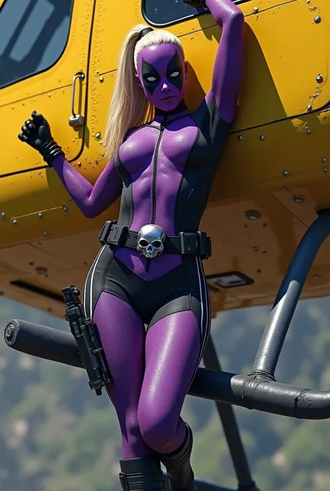 (((Completely grape-colored one-piece suit))),(((Silver skull badge on his belt))),(((Symbiote fused with Lady Deadpool))),(((A beautiful woman with long blonde hair tied in a ponytail under the cloak of Wanda Wilson aka Lady Deadpool))),(((Completely grap...