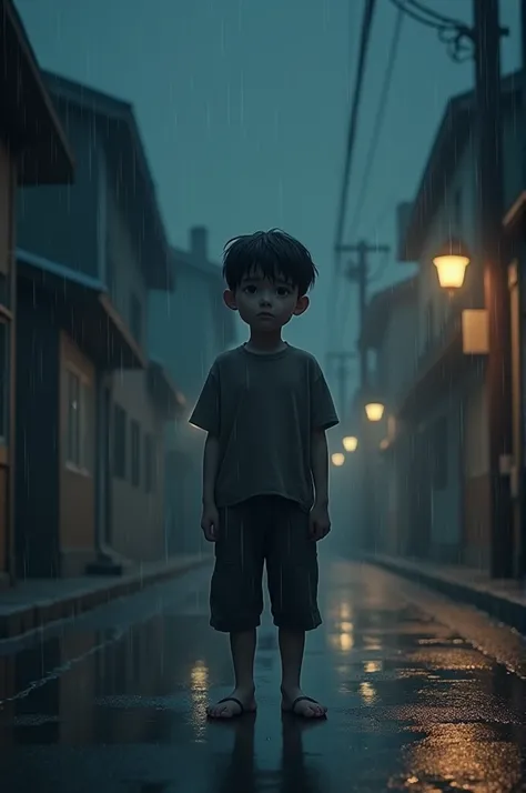  On a rainy night ,  a ten-year-old boy is standing, Standing in the middle of the street, With a desperate face .